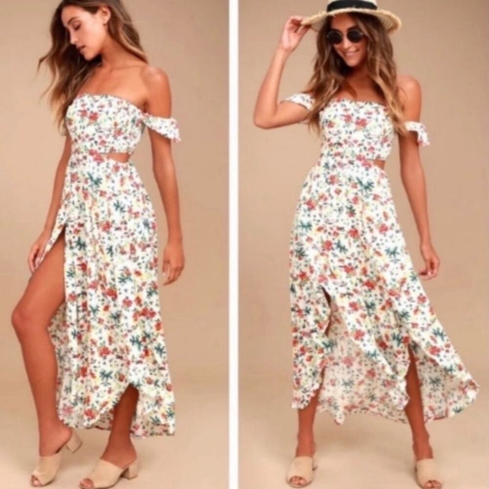 Lush Easy on the Eyes Cream Floral Print Off-the-Shoulder Maxi Dress size M